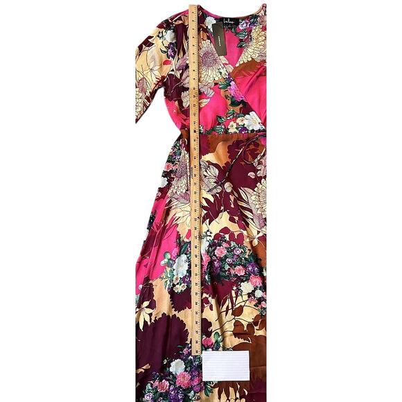 NWT Lulus Put on a Smile Burgundy Floral Print Satin Full Wrap Maxi Dress Small - Picture 2 of 8